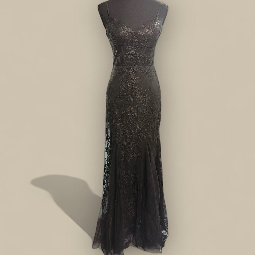 Vtg Y2K Black Sheer Overlay Floral Whimsigoth Fairy Prom Maxi Gown Size 3 XS